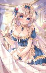 Rule 34 | 1girl, apron, blue bow, blue dress, blue eyes, bow, breasts, brown hair, cleavage, commentary request, door, dress, flower, frilled apron, frills, hair between eyes, hair ornament, hairclip, hand up, highres, indoors, kouta., large breasts, long hair, looking at viewer, maid, maid headdress, open mouth, original, puffy short sleeves, puffy sleeves, red flower, red rose, rose, short sleeves, solo, two side up, very long hair, wavy mouth, white apron, wrist cuffs, x hair ornament
