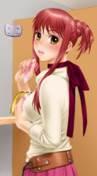 Rule 34 | 1girl, bag, bathroom, belt, blush, breasts, condom, eyeshadow, highres, large breasts, lips, lipstick, looking back, makeup, nail polish, open mouth, original, red hair, restroom, ribbon, short hair, skirt, solo, turtleneck, used condom, yellow eyes, yui toshiki