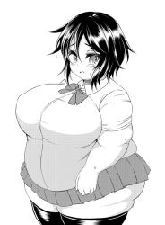 Rule 34 | 1girl, belly, black hair, blush, breasts, copyright request, fat, female focus, highres, large breasts, looking at viewer, monochrome, school uniform, simple background, skirt, solo, sweat, thick thighs, thighhighs, thighs, uniform, white background