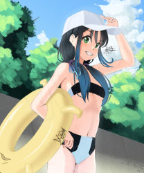 Rule 34 | 1girl, baseball cap, bikini, black hair, blue hair, blue sky, breasts, cloud, commentary request, cowboy shot, day, gradient hair, green eyes, grin, hat, innertube, kahakurei, kantai collection, long hair, looking at viewer, low twintails, multicolored hair, navel, outdoors, ribbon, sky, small breasts, smile, solo, suzukaze (kancolle), swim ring, swimsuit, twintails, two-tone bikini, unfinished, white hat
