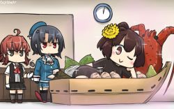 Rule 34 | 10s, 3girls, ahoge, anger vein, arashi (kancolle), beret, black gloves, black hair, brown eyes, brown hair, clock, commentary, dandelion, dated, depth charge, flower, gloves, hair flower, hair ornament, hamu koutarou, hat, highres, ise (kancolle), kantai collection, lobster, military, military uniform, multiple girls, one eye closed, pleated skirt, red eyes, red hair, school uniform, short hair, short sleeves, skirt, sparkle, takao (kancolle), underskirt, uniform, wasabi, white gloves