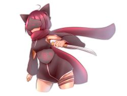 Rule 34 | 1girl, ahoge, animal ears, black kimono, cat ears, covered eyes, cropped legs, dual wielding, facing viewer, highres, holding, holding sword, holding weapon, idaten93, japanese clothes, kimono, long hair, ninja, original, red hair, red scarf, scarf, short kimono, short sword, simple background, solo, sword, weapon, white background