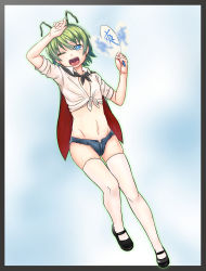 Rule 34 | 1girl, absurdres, antennae, big mouse, black cape, black footwear, blue eyes, blue shorts, blush, breasts, bright pupils, cape, collared shirt, commentary request, full body, green hair, hair between eyes, hand fan, highres, holding, holding fan, looking at viewer, mary janes, micro shorts, midriff, navel, one eye closed, open mouth, panties, red cape, shirt, shoes, short hair, short sleeves, shorts, small breasts, solo, thighhighs, tied shirt, touhou, two-sided cape, two-sided fabric, underwear, white panties, white pupils, white shirt, white thighhighs, wriggle nightbug