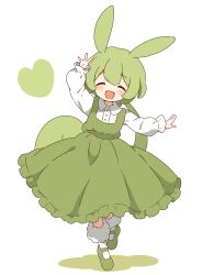 Rule 34 | 1girl, absurdres, adapted costume, buttons, closed eyes, collared shirt, dress, facing viewer, frilled dress, frills, full body, green dress, green footwear, green hair, hand up, heart, highres, long hair, long sleeves, mary janes, open mouth, pinafore dress, shirt, shoes, simple background, sleeveless, sleeveless dress, smile, socks, solo, standing, voiceroid, voicevox, white background, white shirt, white socks, zundamon, zungurimukkuri tarou
