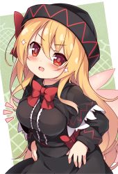 Rule 34 | 1girl, :d, baku-p, black capelet, black dress, black hat, blonde hair, blush, bow, bowtie, breasts, bright pupils, capelet, center frills, commentary request, dress, fairy wings, frills, hair between eyes, hands on own hips, hat, highres, large breasts, leaning forward, lily black, lily white, long hair, long sleeves, looking at viewer, notice lines, open mouth, red bow, red bowtie, red eyes, simple background, smile, solo, sparkle, touhou, upper body, v-shaped eyebrows, very long hair, wings