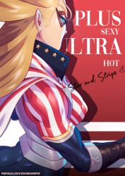 Rule 34 | 1girl, american flag, american flag print, artist name, ass, blonde hair, blue eyes, bodysuit, boku no hero academia, cape, cathleen bate, character name, domino mask, doreko, flag print, from side, heart, highres, long hair, looking back, mask, muscular, muscular female, patreon username, red background, skin tight, solo, star (symbol), star and stripe, star print, striped, striped bodysuit, superhero costume, two-tone background, vambraces, watermark, web address, white background