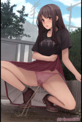 Rule 34 | 1girl, artist name, black shirt, blue sky, blush, bow, bow panties, breasts, brown hair, bush, casual peeing, clothes lift, clothes writing, cloud, collarbone, day, female focus, grass, grey socks, hand up, highres, kokomachi, legs, lifted by self, long hair, looking at viewer, medium breasts, open mouth, original, outdoors, panties, pee, peeing, peeing self, pillarboxed, pink panties, pixiv username, public indecency, puddle, purposeful wetting, raised eyebrows, red eyes, shirt, short sleeves, sidelocks, skirt, skirt lift, sky, socks, solo, spread legs, sweat, teeth, thighs, underwear, utility pole, watermark, wet, wet clothes, wet panties