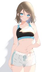 Rule 34 | 1girl, absurdres, armpit crease, bare arms, bare shoulders, black sports bra, blue eyes, blush, bra, breasts, brown hair, collarbone, grey hair, hand on own stomach, hand on own thigh, highres, looking at viewer, love live!, love live! sunshine!!, medium breasts, navel, parted bangs, photoshop (medium), short hair, short shorts, shorts, simple background, smile, solo, sports bra, stomach, underwear, watanabe you, white shorts, yuukinui