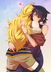 2girls absurdres animal_ears black_dress black_hair blake_belladonna blonde_hair blush brown_shorts cat_ears commentary dramore dress english_commentary hand_on_another&#039;s_back hand_on_another&#039;s_neck heart highres hug jacket long_hair multiple_girls off_shoulder one_eye_closed parted_lips red_eyes red_jacket rwby shorts smile twitter_username yang_xiao_long yuri