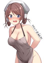 Rule 34 | 1girl, akahi242, alternate costume, apron, arms behind back, blue eyes, blush, braid, braided hair rings, breasts, chougei (kancolle), cleavage, covered navel, dated, grey apron, hair between eyes, hair ribbon, hair rings, highres, kantai collection, large breasts, looking at viewer, naked apron, neckerchief, nose blush, one-hour drawing challenge, open mouth, ribbon, simple background, solo, twin braids, twitter username, white background, white neckerchief, white ribbon