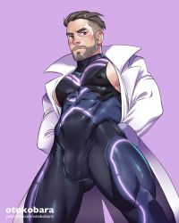 Rule 34 | 1boy, artist name, bara, black bodysuit, bodysuit, bulge, coat, covered abs, covered erect nipples, creatures (company), facial hair, game freak, highres, lab coat, large pectorals, male focus, multicolored bodysuit, multicolored clothes, muscular, muscular male, nintendo, open clothes, open coat, otokobara, paid reward available, patreon username, pectorals, pink bodysuit, pokemon, pokemon sv, purple bodysuit, short hair, skin tight, solo, thick thighs, thighs, turo (pokemon), undercut