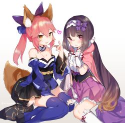 Rule 34 | 2girls, aged down, animal ear fluff, animal ears, bare shoulders, black hair, blue thighhighs, bow, breasts, cloak, collar, detached sleeves, dress, fate/grand order, fate (series), fox ears, fox girl, fox shadow puppet, fox tail, frilled skirt, frills, hair bow, hairband, hood, hood down, hooded cloak, japanese clothes, kanro ame (ameko), large breasts, long hair, low twintails, multiple girls, osakabehime (fate), pink hair, pleated skirt, purple eyes, purple skirt, skirt, strapless, strapless dress, tail, tamamo (fate), tamamo no mae (fate/extra), thighhighs, twintails, very long hair