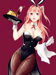 Rule 34 | 1girl, breasts, cleavage, cup, dead or alive, drinking glass, food, gloves, hand on own chest, honoka (doa), large breasts, leather bikini, leather suit, leotard, long hair, looking at viewer, neck, pink hair, playboy bunny, rabbit ears, red eyes, solo, swimsuit, thighs, towel