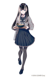 1girl 40hara black_hair bowl choker english_text food holding hololive juufuutei_raden loafers multicolored_hair official_art pantyhose pleated_skirt sailor_collar school_uniform serafuku shoes skirt solo virtual_youtuber white_background white_hair