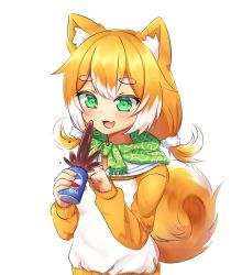 Rule 34 | 1girl, :3, :d, absurdres, animal ears, can, green eyes, green scarf, highres, holding, holding can, klaius, long sleeves, low twintails, open mouth, orange hair, original, pepsi, raglan sleeves, scarf, simple background, smile, solo, tail, twintails, white background