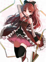 Rule 34 | 10s, 1girl, bare shoulders, black thighhighs, boots, chain, detached sleeves, fang, long hair, magical girl, mahou shoujo madoka magica, mahou shoujo madoka magica (anime), open mouth, polearm, ponytail, red eyes, red footwear, red hair, sakura kyoko, solo, spear, thighhighs, weapon, zen33n