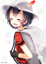 Rule 34 | 10s, 1girl, :d, ^ ^, akine (kuroyuri), artist name, backpack, bag, black gloves, black hair, blush, closed eyes, commentary request, closed eyes, facing viewer, from side, gloves, hat, hat feather, highres, holding, holding strap, kaban (kemono friends), kemono friends, open mouth, partial commentary, red shirt, sandstar, shirt, short hair, short sleeves, smile, solo, twitter username, white background