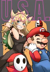 Rule 34 | 1boy, 1girl, :d, armlet, barashiya, bare shoulders, black dress, black nails, blonde hair, blue eyes, bowsette, bracelet, brooch, cabbie hat, closed eyes, commentary, crown, dress, earrings, gloves, grin, hand on own hip, hat, highres, jewelry, mario, mario (series), meme, nail polish, new super mario bros. u deluxe, nintendo, open mouth, overalls, pointing, pointy ears, red hat, red shirt, sharp teeth, shirt, shy guy, sketch, smile, spiked armlet, spiked bracelet, spiked shell, spikes, strapless, strapless dress, super crown, super mario bros. 2, teeth, turtle shell, u.s.a., v-shaped eyebrows, white gloves