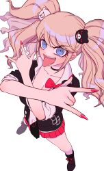 Rule 34 | 1girl, \m/, absurdres, bear hair ornament, big hair, black choker, black footwear, black shirt, blonde hair, blue eyes, boots, bow, breasts, choker, cleavage, danganronpa: trigger happy havoc, danganronpa (series), enoshima junko, fingernails, foreshortening, from above, full body, hair ornament, hands up, highres, knee boots, large breasts, legs apart, long hair, looking at viewer, nail polish, open mouth, pleated skirt, red bow, red nails, sharp fingernails, shirt, simple background, skirt, sleeves rolled up, smile, solo, standing, tsukiyo michi, twintails, white background