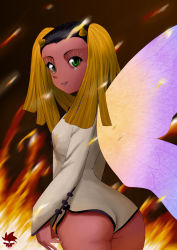 Rule 34 | 1girl, :d, ass, black hair, blonde hair, butterfly wings, china dress, chinese clothes, colored skin, dark-skinned female, dark skin, dress, embers, fire, flat chest, green eyes, horns, hua po (megami tensei), insect wings, long hair, long sleeves, looking at viewer, looking back, open mouth, red skin, shin megami tensei, smile, solo, ultraspank, wings