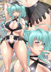Rule 34 | 1girl, ahoge, areola slip, ass, ayato, bare shoulders, black one-piece swimsuit, blue hair, blush, breasts, butt crack, cagliostro (symphogear), cleavage, clothing cutout, commentary request, covered erect nipples, earrings, female pubic hair, highres, huge breasts, impossible clothes, impossible swimsuit, jewelry, lips, long hair, looking at viewer, navel, navel cutout, one-piece swimsuit, pubic hair, pubic hair peek, purple eyes, senki zesshou symphogear, shiny skin, smile, standing, swimsuit, very long hair