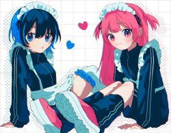 Rule 34 | 2girls, apron, black jacket, black leg warmers, black shorts, blue eyes, blue hair, breasts, closed mouth, double vertical stripe, frilled apron, frilled thighhighs, frills, grid background, heart, highres, jacket, knees up, leg warmers, long hair, long sleeves, looking at viewer, maid, maid apron, maid headdress, matching outfits, multiple girls, nagomi ( nagomi ), original, over-kneehighs, pink eyes, pink footwear, pink hair, shoes, short hair, shorts, sitting, small breasts, sneakers, straight hair, thighhighs, track jacket, two side up, unconventional maid, white apron, white thighhighs