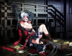 Rule 34 | 1girl, armpits, arms up, asymmetrical footwear, bad id, bad pixiv id, bdsm, blood, boots, breasts, brown footwear, bruise, chain, chained, clock, dress, fingerless gloves, gloves, highres, injury, inverted nipples, izayoi sakuya, kneehighs, knife, kunai, looking at viewer, looking to the side, mismatched footwear, nipples, open mouth, puffy nipples, restrained, short hair, silver hair, single thighhigh, small breasts, socks, solo, thighhighs, torn clothes, torn dress, torn legwear, touhou, tsukishiro saika, weapon