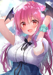 Rule 34 | 1girl, :d, alternate costume, arms up, black bow, black bowtie, blue scrunchie, blue skirt, blush, bow, bowtie, breasts, center frills, commentary request, demon wings, frills, hair between eyes, head wings, high-waist skirt, highres, koakuma, large breasts, long hair, looking at viewer, natsuki (ukiwakudasai), open mouth, pink hair, red eyes, scrunchie, shirt, short sleeves, skirt, smile, solo, touhou, upper body, white shirt, wings, wrist scrunchie
