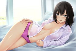 Rule 34 | 1girl, bed, black eyes, black hair, blouse, blush, bow, bow panties, breasts, collared shirt, dress shirt, hand on own hip, hip focus, indoors, looking at viewer, lying, medium breasts, naked shirt, no bra, nonaka ritsu, on bed, on side, open clothes, open shirt, panties, pillow, purple panties, shirt, smile, solo, underwear, white shirt, window