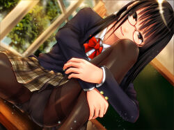 Rule 34 | 1girl, ano hito, black hair, black jacket, bow, bowtie, brown eyes, brown skirt, chalkboard, classroom, commentary request, dutch angle, glasses, head tilt, hugging own legs, jacket, miniskirt, original, panties, panties under pantyhose, pantyhose, pantyshot, plaid, plaid skirt, pussy bulge, red bow, red bowtie, school uniform, sitting, skirt, smile, solo, tree, underwear, window
