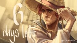 Rule 34 | 1boy, artist name, closed mouth, commentary, english commentary, english text, eriochromatic, facial hair, hat, male focus, one piece, one piece (live action), red hair, scar, scar across eye, scar on face, shanks (one piece), short hair, solo, straw hat
