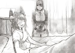 Rule 34 | 10s, 2girls, apple, apple peel, bad id, bad twitter id, bandage on face, bandaged head, bandages, bed, bedside, blanket, clothes grab, commentary request, curtains, dress, eyepatch, food, fruit, greyscale, kantai collection, knife, looking at viewer, monochrome, multiple girls, on bed, open mouth, parted bangs, pillow, pov, robe, short hair, short sleeves, sitting, sketch, sleeve grab, tatsuta (kancolle), tenryuu (kancolle), uyama hajime, window