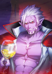 Rule 34 | 1boy, bare pectorals, beard, colored eyelashes, colored skin, commentary request, cup, drinking glass, facial hair, fang, fang out, forked eyebrows, gilzaren iii, grin, highres, holding, holding cup, looking at viewer, male focus, nijisanji, open clothes, open shirt, pectorals, purple skin, red eyes, shirt, signature, silver hair, smile, solo, thick eyebrows, upper body, virtual youtuber, waku (ayamix), white shirt, wine glass