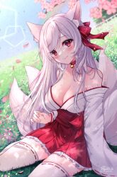 Rule 34 | animal ear fluff, animal ears, aquanz, bell, breasts, cherry blossoms, choker, cleavage, closed mouth, commentary, commission, day, english commentary, falling petals, fox ears, fox girl, fox tail, grass, japanese clothes, jingle bell, large breasts, long hair, miko, neck bell, original, outdoors, petals, red choker, red eyes, sitting, smile, solo, tail, thighhighs, white hair, white thighhighs