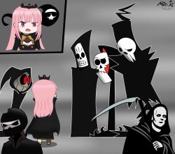 Rule 34 | 1girl, 6+boys, annoyed, black eyes, breasts, character request, cleavage, copyright request, crossover, death-sensei (mori calliope), death (entity), grim (grim adventures), grim fandango, highres, hololive, hololive english, looking down, manuel calavera, maverick (infamousnoir), mori calliope, mr. grimm, multiple boys, multiple crossover, pink eyes, pink hair, red eyes, shinigami-sama, soul eater, the grim adventures of billy &amp; mandy, the seventh seal, toon (style), trait connection, virtual youtuber