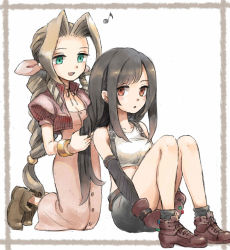 Rule 34 | 1990s (style), 2girls, :o, aerith gainsborough, ankle boots, black hair, blush, boots, border, bow, braid, brown eyes, brown hair, crop top, cropped jacket, dress, earrings, final fantasy, final fantasy vii, fingerless gloves, gloves, graphite (medium), green eyes, hair bow, hairdressing, highres, hugging own legs, jewelry, kneeling, long hair, looking at viewer, low-tied long hair, mare (pixiv), midriff, mixed media, multiple girls, musical note, outside border, pink dress, retro artstyle, simple background, single braid, sitting, sketch, skirt, suspender skirt, suspenders, tank top, tifa lockhart, traditional media