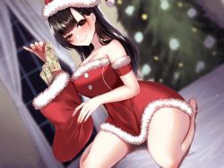 Rule 34 | 1girl, absurdres, bare shoulders, black eyes, black hair, blurry, blurry background, blush, breasts, christmas, christmas stocking, christmas tree, cleavage, collarbone, detached sleeves, dress, fur-trimmed dress, fur trim, hat, highres, holding, holding money, indoors, large breasts, long hair, looking at viewer, money, nail polish, original, red dress, red nails, sakiryo kanna, santa costume, santa hat, sidelocks, sitting, smile, solo, strapless, strapless dress, thighs, wariza