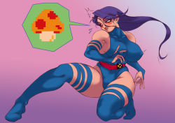 Rule 34 | 1girl, artist request, bare shoulders, blue leotard, boots, breasts, bridal gauntlets, elbow gloves, eyeshadow, gloves, highleg, highleg leotard, highres, large breasts, leotard, lips, long hair, makeup, marvel, mushroom, psylocke, purple hair, solo, thigh boots, thighhighs, x-men