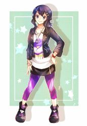Rule 34 | 1girl, alternate costume, black footwear, black jacket, black skirt, bracelet, closed mouth, collarbone, contrapposto, creatures (company), dawn (pokemon), full body, game freak, grey eyes, hand on own hip, highres, jacket, jewelry, long hair, long sleeves, looking at viewer, miniskirt, nintendo, open clothes, open jacket, pants, pants under skirt, pencil skirt, pendant, pokemon, pokemon bdsp, pokemon dppt, print shirt, purple hair, purple pants, shirt, skirt, smile, solo, standing, white shirt, yomogi (black-elf)