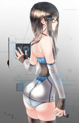 Rule 34 | 1girl, ass, bad id, bad pixiv id, bare shoulders, black hair, black thighhighs, bodysuit, choker, detached sleeves, glasses, gradient hair, hadean92, hair ornament, hairclip, jewelry, key, leotard, long hair, md5 mismatch, multicolored hair, no pants, original, panties, ring, solo, striped clothes, striped panties, thighhighs, underwear, white hair