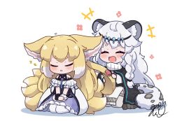Rule 34 | +++, 2girls, :d, ^ ^, animal ear fluff, animal ears, arknights, bare shoulders, black cape, blonde hair, blush, braid, brushing another&#039;s hair, brushing hair, cape, chibi, closed eyes, dress, drooling, fox ears, fox girl, fox tail, frilled skirt, frills, fringe trim, grey hair, grey thighhighs, hair brush, highres, holding, kitsune, kurotofu, leopard ears, leopard girl, leopard tail, long hair, mouth drool, multiple girls, open mouth, pantyhose, parted lips, pramanix (arknights), purple skirt, seiza, shadow, shirt, short eyebrows, signature, simple background, sitting, skirt, sleeping, smile, suzuran (arknights), tail, thick eyebrows, thighhighs, turtleneck, very long hair, white background, white dress, white pantyhose, white shirt, zzz