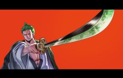 Rule 34 | 1boy, abs, alternate costume, alternate hairstyle, earrings, fighting stance, green hair, japanese clothes, jewelry, katana, kimono, letterboxed, living (pixiv5031111), looking at viewer, male focus, muscular, one eye closed, one piece, red background, roronoa zoro, scar, simple background, solo, sword, upper body, weapon