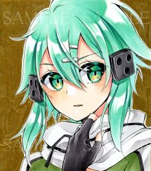 Rule 34 | 1girl, alto2019, aqua hair, bad id, bad pixiv id, black gloves, brown background, fingerless gloves, gloves, green eyes, hair between eyes, hair ornament, hairclip, looking at viewer, lowres, marker (medium), parted lips, portrait, sample watermark, scarf, short hair with long locks, sidelocks, sinon, solo, sword art online, traditional media, watermark, white scarf