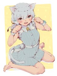 Rule 34 | 1girl, animal ears, bare legs, barefoot, blue dress, blue eyes, blush, breasts, cat ears, cat girl, cat tail, dress, full body, highres, leoharju, looking at viewer, neck bell, open mouth, original, seiza, silver hair, sitting, sleeveless, sleeveless dress, small breasts, solo, tail