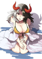 Rule 34 | 1girl, absurdres, animal ears, bikini, black hair, breasts, cleavage, collarbone, come hither, commentary request, cow ears, cow horns, front-tie bikini top, front-tie top, genshoku area, grey hair, hand on lap, haori, highres, horns, jacket, japanese clothes, knees together feet apart, large breasts, legs together, looking at viewer, medium hair, multicolored hair, open clothes, open jacket, parted lips, red eyes, red horns, shaded face, shadow, sitting, smile, solo, split-color hair, swimsuit, touhou, two-tone hair, ushizaki urumi, white jacket, yellow bikini