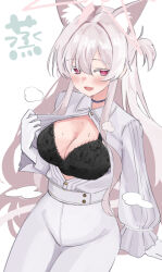 Rule 34 | 1girl, akira (blue archive), animal ear fluff, animal ears, black bra, black choker, blue archive, blush, bra, breasts, cat ears, choker, colored eyelashes, gloves, highres, lace, lace-trimmed bra, lace trim, long hair, medium breasts, open clothes, open shirt, pants, red eyes, shirt, shirt tucked in, solo, sweat, tsumayouji (tumayog), underwear, white gloves, white hair, white pants, white shirt