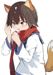 1girl 8sjqzhap4pupzkc absurdres animal_ears brown_hair cold dog_ears dog_girl dog_tail highres miyafuji_yoshika open_mouth red_scarf scarf shirt short_hair simple_background snow solo standing strike_witches tail white_background white_shirt world_witches_series