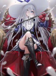 Rule 34 | 1girl, belt, blue eyes, blurry, blurry foreground, boots, chair, crossed legs, eyes visible through hair, feathers, gloves, grey eyes, grey hair, hair over one eye, hat, hetero, highres, holding, holding sword, holding weapon, knee boots, long hair, nekometaru, original, sitting, solo, sword, symbol-shaped pupils, very long hair, weapon, white gloves