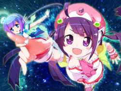 Rule 34 | 2girls, aoki lapis, blue eyes, blue hair, foreshortening, hat, heart, heart-shaped pupils, highres, long hair, mini person, minigirl, multiple girls, open mouth, oumi sanaka, purple eyes, purple hair, size difference, smile, star-shaped pupils, star (symbol), symbol-shaped pupils, tone rion, twintails, vocaloid, wrist cuffs