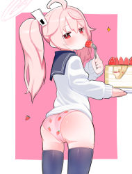 Rule 34 | 1girl, absurdres, ahoge, ass, black thighhighs, blue archive, blush, cake, eating, food, food print, fork, from behind, fruit, hair between eyes, halo, highres, holding, holding fork, long hair, long sleeves, looking at viewer, natsu (blue archive), panties, pink hair, pink panties, print panties, red eyes, side ponytail, solo, strawberry, strawberry print, thighhighs, uminotacos, underwear